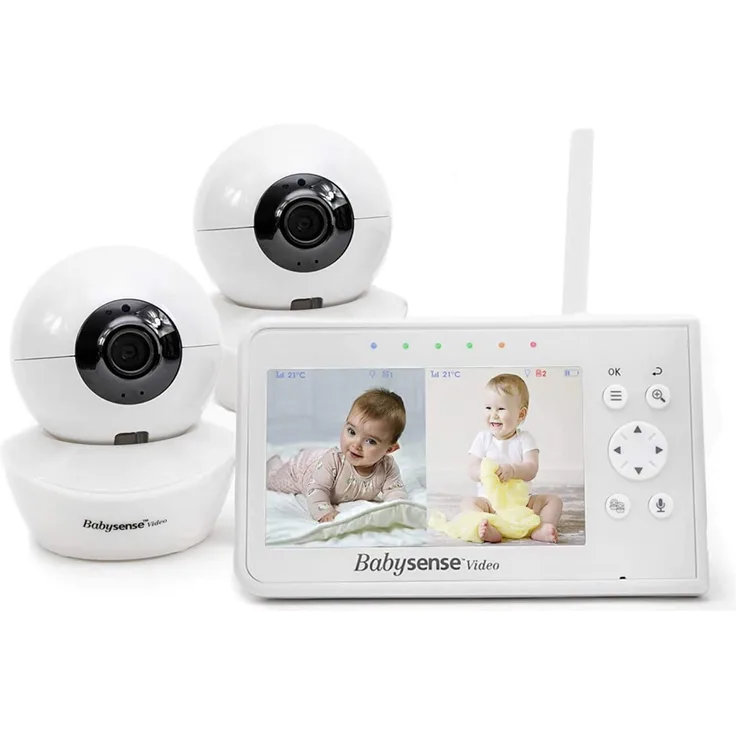 Babysense Babymonitor mit Geteilter Bildschirm 4,3“, Video Babyphone mit zwei Kameras, PTZ-Funktion, Reichweite 300m (freien Raum), Nachtlicht, Zwei-Wege-Kommunikation, Nachtsicht, Schlaflieder