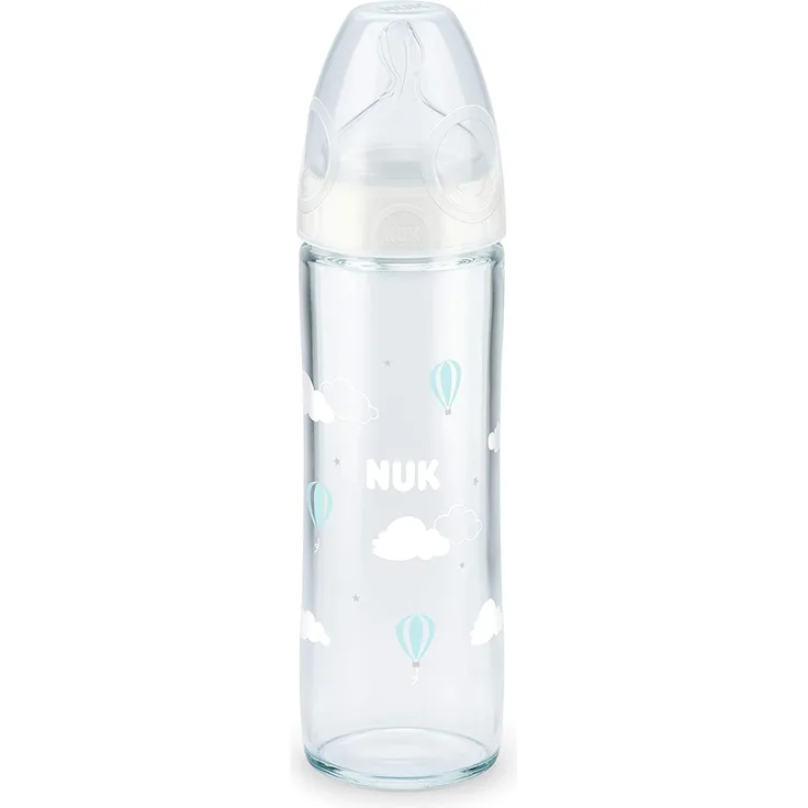 Nuk 10212021 Glas-Babyflasche'New Classic' mit Sauger mittelfein gelocht - farbig sortiert, 240 ml, mehrfarbig