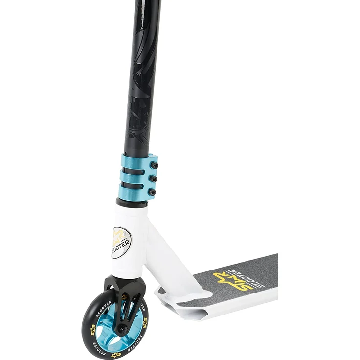 STAR SCOOTER Original Performance Freestyle Jump Pro Sport Alu Kickscooter Stuntscooter mit HIC Kompression in sehr stabiler Leichtbauweise für Kinder ab ca. 7 - 8 Jahre | 110mm Semi Professional Edition | Weiß (matt) & Blau – Bild 4