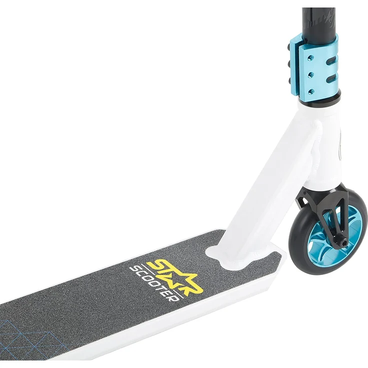 STAR SCOOTER Original Performance Freestyle Jump Pro Sport Alu Kickscooter Stuntscooter mit HIC Kompression in sehr stabiler Leichtbauweise für Kinder ab ca. 7 - 8 Jahre | 110mm Semi Professional Edition | Weiß (matt) & Blau – Bild 3