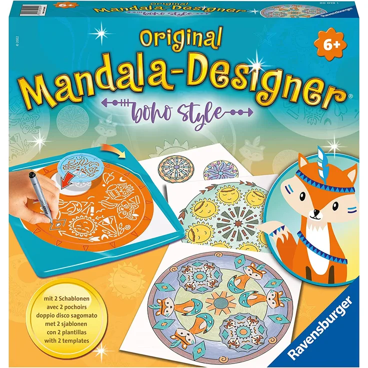 Ravensburger Midi Mandala Designer Boho Style 20019, Zeichnen lernen für Kinder ab 6 Jahren, Zeichen-Set mit Mandala-Schablonen für farbenfrohe Mandalas