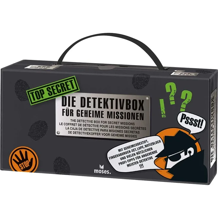 Moses. 30711 Top Secret-Detektivbox | 12 in 1 Detektivkoffer | Ausrüstung für Geheimagenten, schwarz
