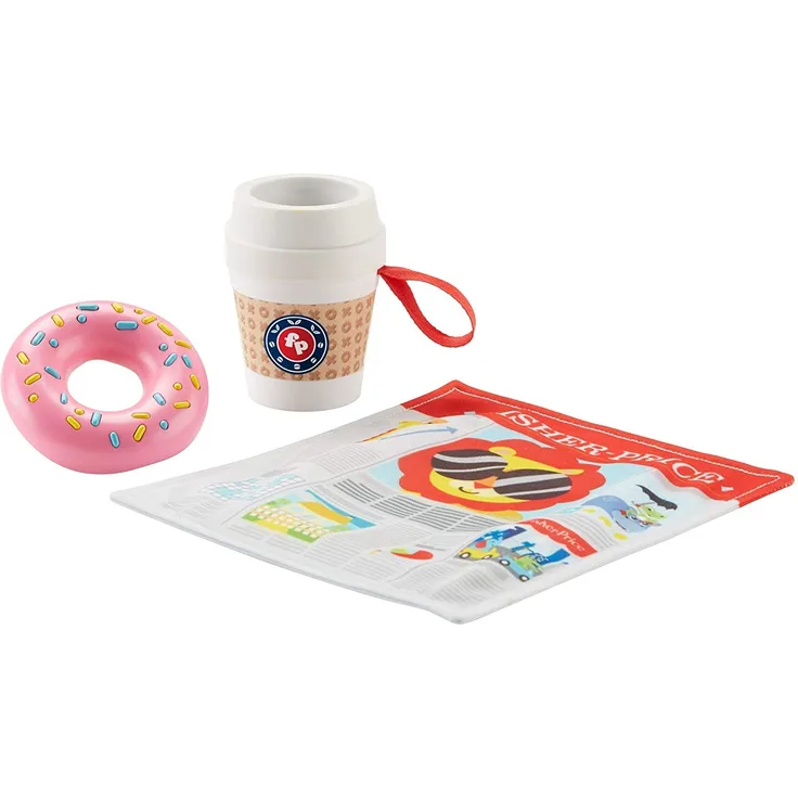 Fisher-Price FGH85 - Coffee to Go Kaffeebecher mit Donut Rassel und Zeitung, Baby Geschenkset mit 3 Babyspielzeugen, Spielzeug ab 3 Monaten