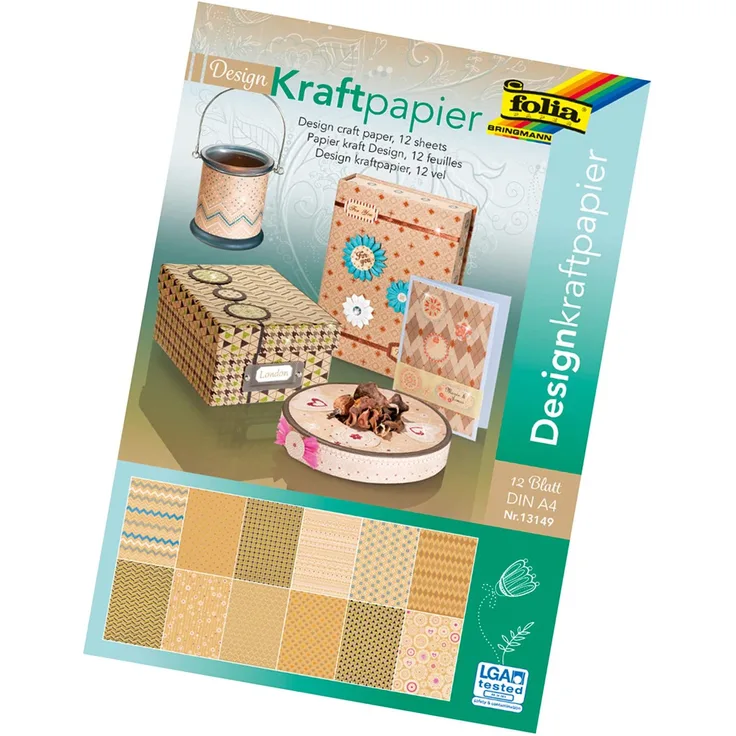 folia 13149 - Design Kraftpapierblock, 12 Blatt, DIN A4, gemustertes Kraftpapier mit Glitzerapplikationen
