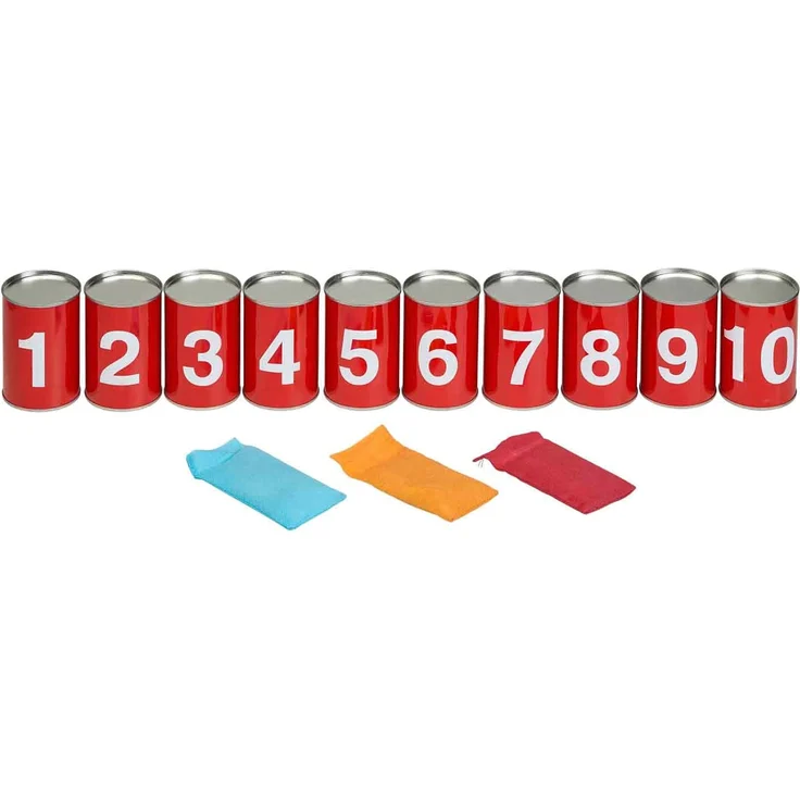 Idena 40189 - Spiel-Set Dosenwerfen mit 10 nummerierten Metall-Dosen und 3 Sand-Säckchen, Wurf- und Geschicklichkeits-Spiel für Geburtstagsfeiern, im Garten oder Park – Bild 2