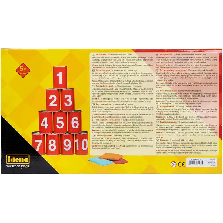 Idena 40189 - Spiel-Set Dosenwerfen mit 10 nummerierten Metall-Dosen und 3 Sand-Säckchen, Wurf- und Geschicklichkeits-Spiel für Geburtstagsfeiern, im Garten oder Park – Bild 5