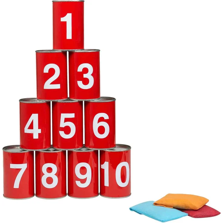 Idena 40189 - Spiel-Set Dosenwerfen mit 10 nummerierten Metall-Dosen und 3 Sand-Säckchen, Wurf- und Geschicklichkeits-Spiel für Geburtstagsfeiern, im Garten oder Park – Bild 1