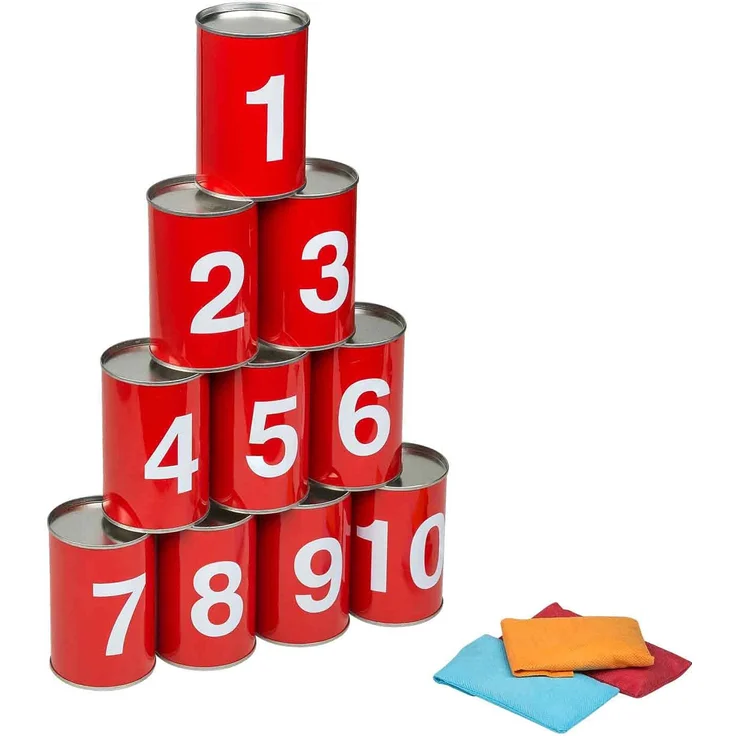 Idena 40189 - Spiel-Set Dosenwerfen mit 10 nummerierten Metall-Dosen und 3 Sand-Säckchen, Wurf- und Geschicklichkeits-Spiel für Geburtstagsfeiern, im Garten oder Park – Bild 3