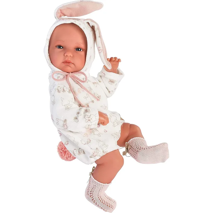 Babypuppe Hase, mit blauen Augen und Vinyl-Körper, Puppe inkl. Tragetasche und und süßem Schlafanzug mit Hasenöhrchen 35cm