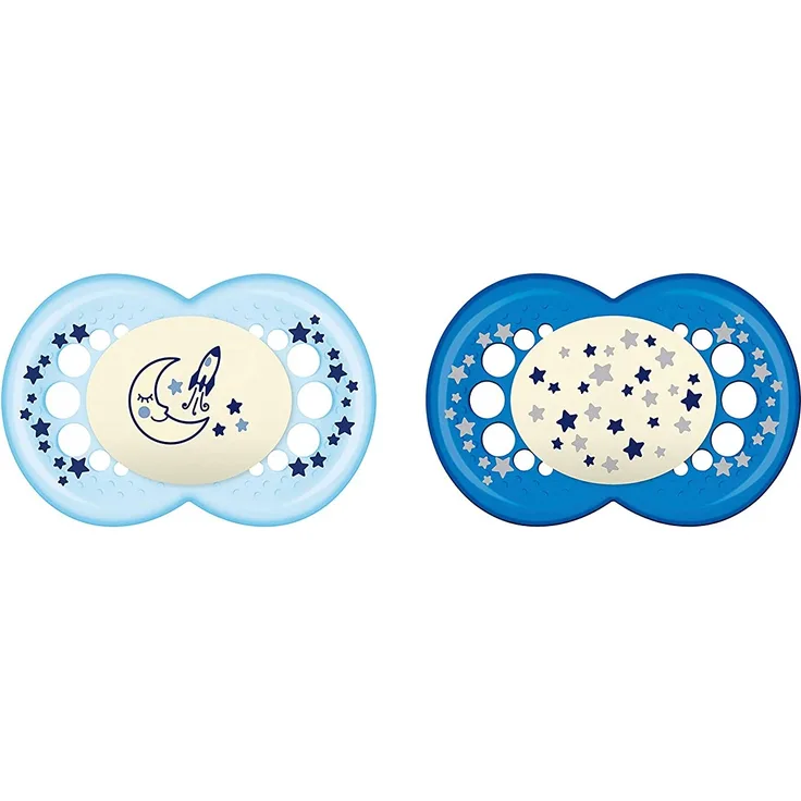 MAM Night Schnuller im Doppelpack, leuchtender Baby Schnuller, besonders weicher Baby Schnuller für schnelle Akzeptanz mit Sterilisier-Transportbox, ab 6-16 Monate, blau