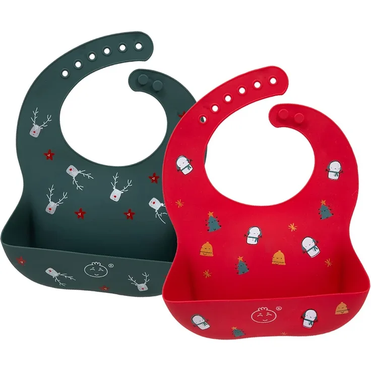 Little Dimsum Baby Lätzchen 2 Stück Weihnachten Set, Baby Silikon Lätzchen mit Auffangschale BPA frei, wasserdicht, abwaschbar, für Malen Play Essen (Schneemann + Elch)