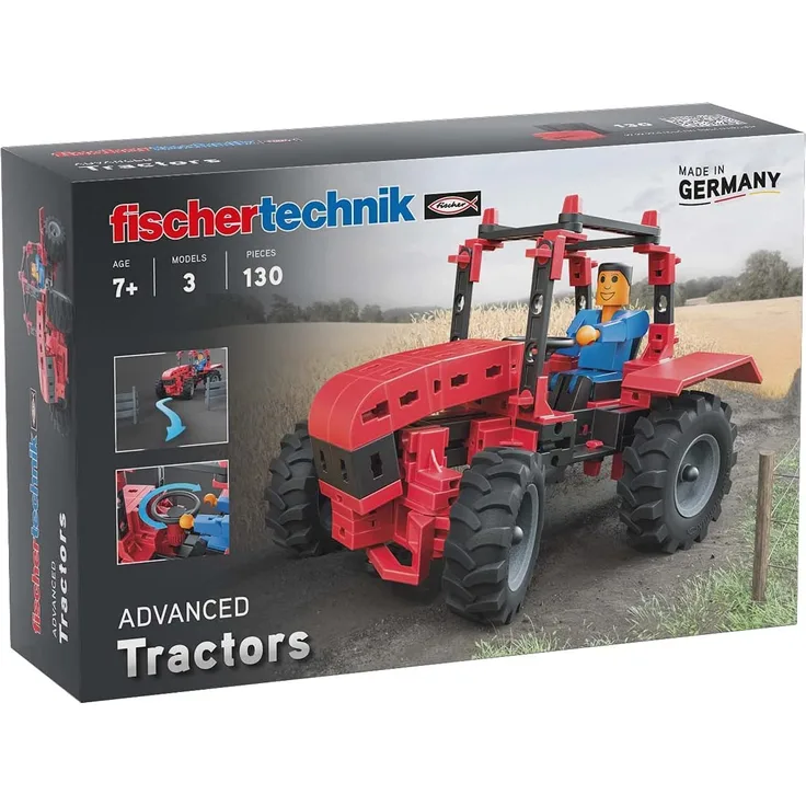 fischertechnik Tractor - Konstruktionsspielzeug ab 7 Jahre - 3 landwirtschaftliche Modelle zum Thema Traktor - Die Fahrzeuge des Bausets verfügen über eine realitätsnahe Achsschenkel-Lenkung