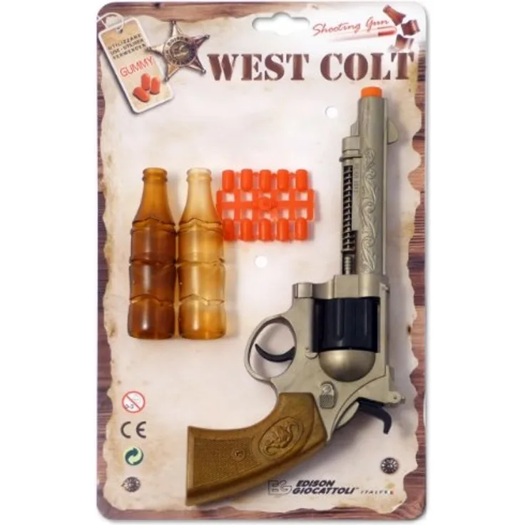 EDISON Giocattoli Champions-Line West Colt: Spielzeugpistole in Revolver-Optik, für Cowboy- oder Polizeikostüm mit Gummi-Munition, 28 cm, schwarz/braun (E0465/32)