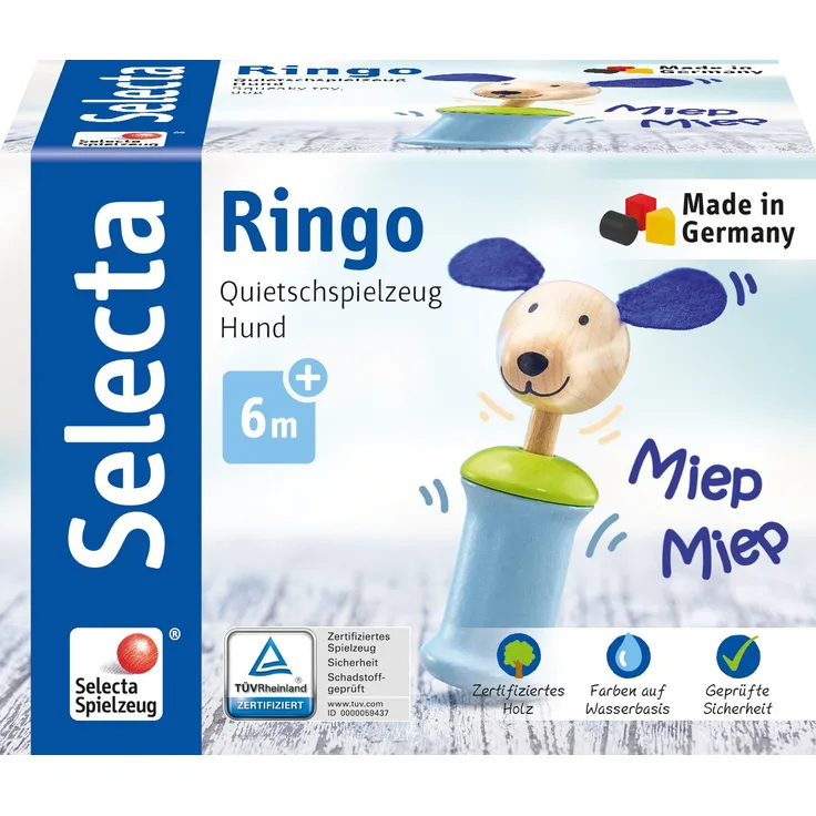 Selecta 61056 Ringo Hund, Greifling mit Quietsche, 12 cm