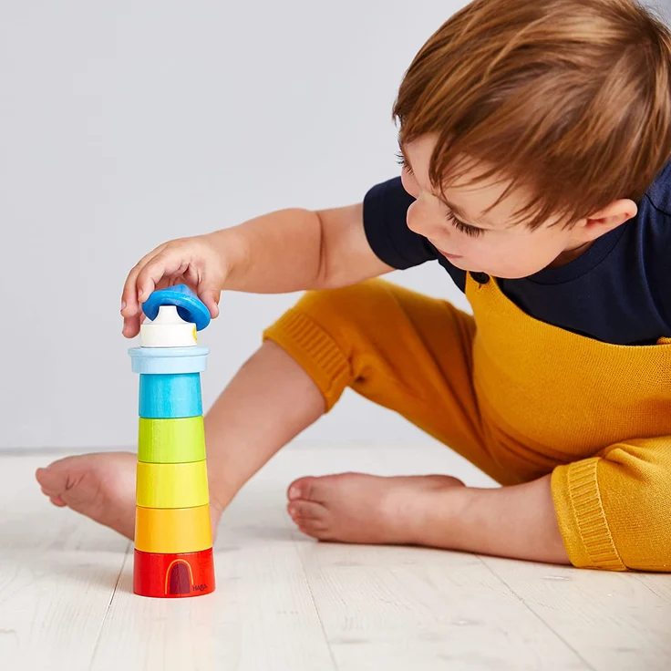 HABA 300170 – Stapelspiel Leuchtturm, Motorikspielzeug zum Sortieren von Größen und Farben, Holzspielzeug ab 12 Monaten – Bild 4