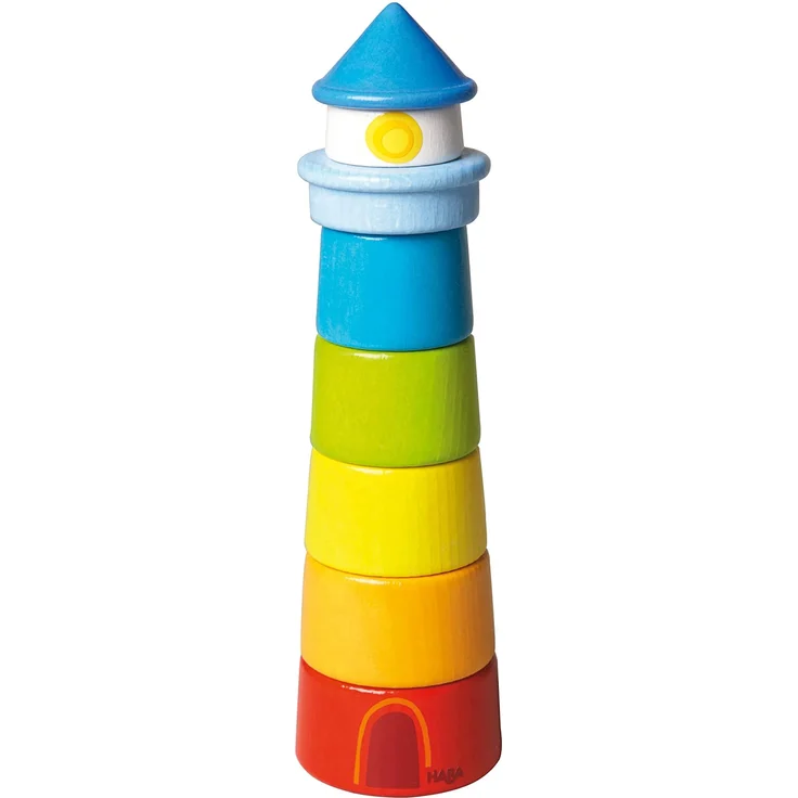 HABA 300170 – Stapelspiel Leuchtturm, Motorikspielzeug zum Sortieren von Größen und Farben, Holzspielzeug ab 12 Monaten – Bild 1