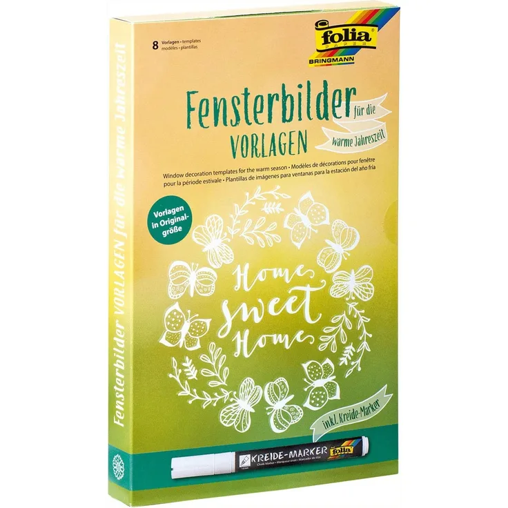 folia 39119 - Fensterbilder Vorlagen für die warme Jahreszeit, inkl. 8 Malvorlagen und 1 Kreidemarker