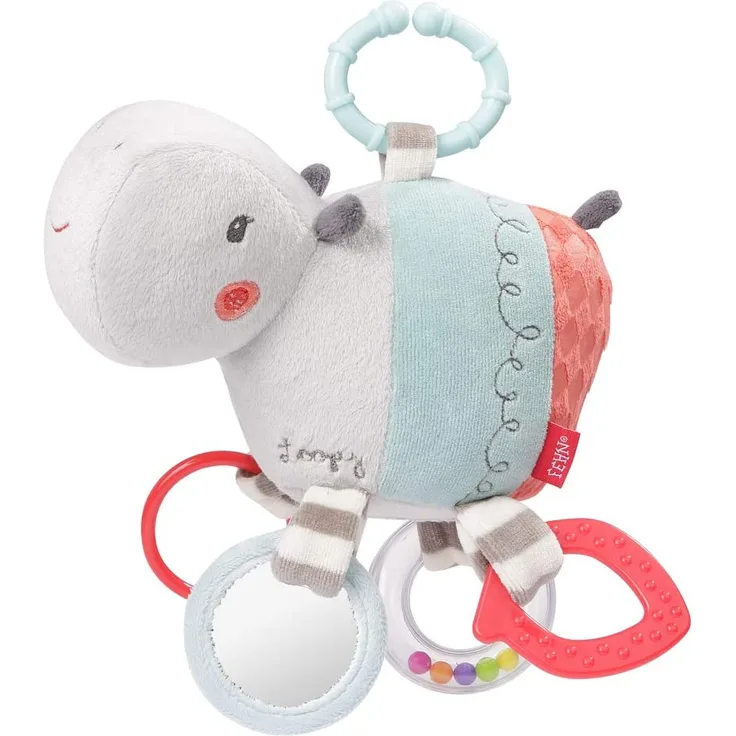 FEHN 059052 Activity-Nilpferd mit Ring / Motorikspielzeug zum Aufhängen mit spannenden Anhängern zum Greifen und Geräusche erzeugen - für Babys und Kleinkinder ab 0+ Monaten