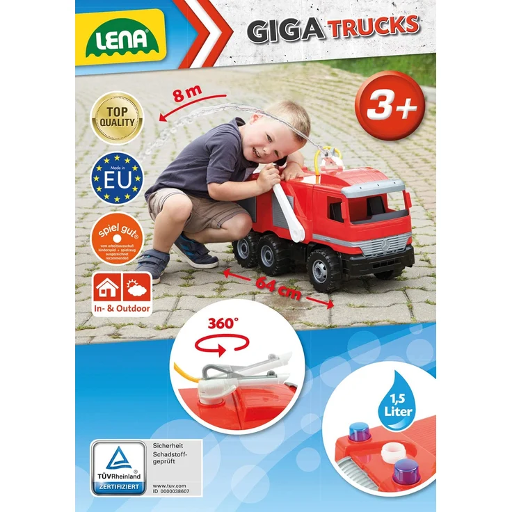 Lena 02058 Starke Riesen Feuerwehr Mercedes Benz Actros, Giga Trucks Feuerwehrauto ca. 65 cm, Löschfahrzeug mit 3 Achsen, 1,5 Liter Tank und Wasserkanone bis 8 Meter, für Kinder ab 3 Jahre, Rot – Bild 16
