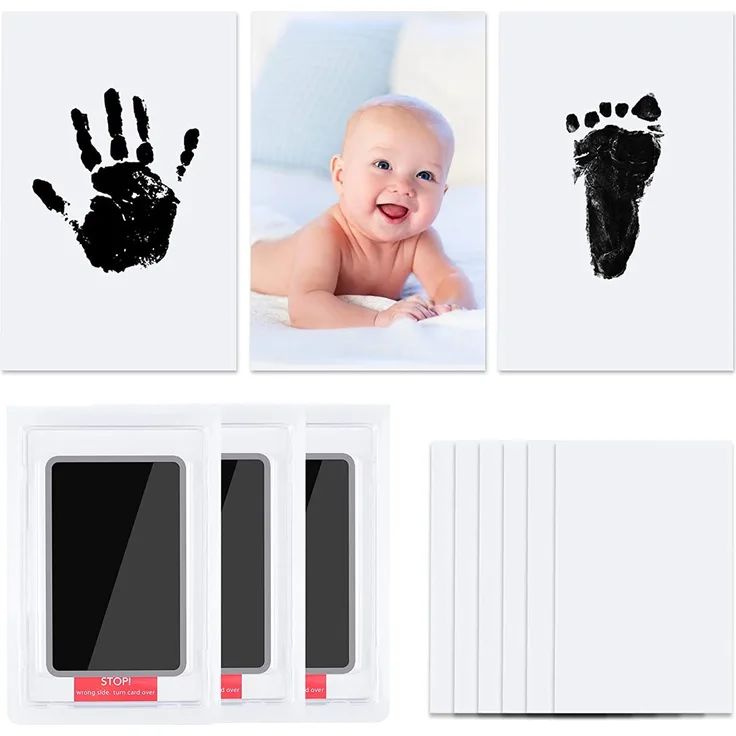 Vicloon Baby Abdruck Set, Baby Handabdruck und Fußabdruck mit 3 x Clean Touch Stempelkissen und 6 x Druckkarten, Babyhaut Kommt Nicht Farbe in Berührung, Baby Handprint für Familie Geschenk - Schwarz