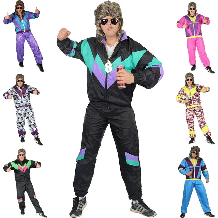 Foxxeo 80er Jahre Kostüm für Erwachsene Premium 80s Trainingsanzug Assianzug Assi - Herren Größe S-XXXXL - Fasching Karneval Anzug, Farbe schwarz-grün-lila, Größe: XL