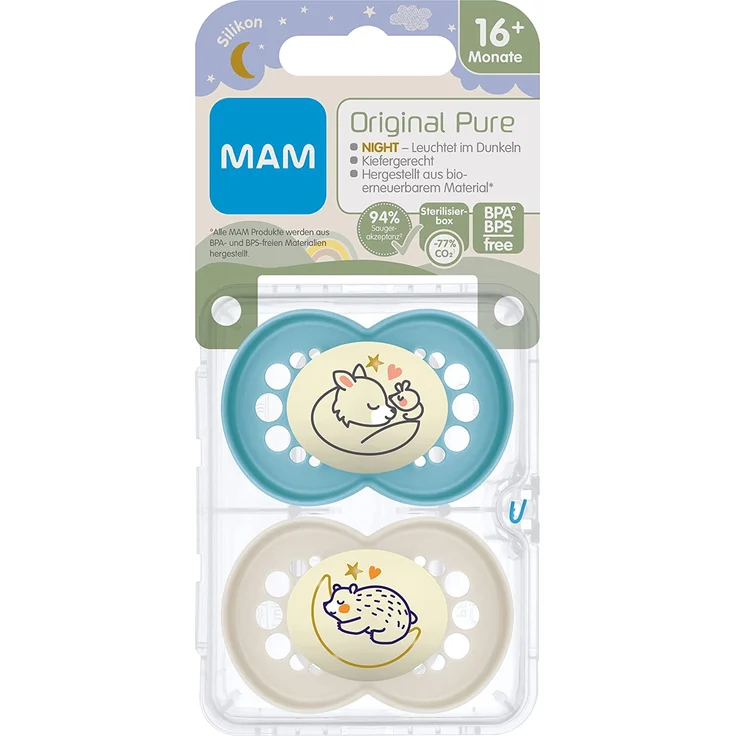 MAM Original Pure Night Schnuller im 2er-Set, leuchtender & zahnfreundlicher Baby Schnuller aus nachhaltigem & bio-erneuerbarem Material, mit Schnullerbox, 16+ Monate, Motiv: Fuchs/Bär – Bild 2