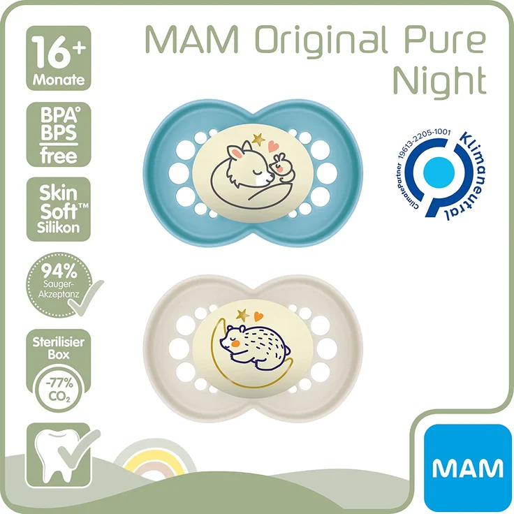 MAM Original Pure Night Schnuller im 2er-Set, leuchtender & zahnfreundlicher Baby Schnuller aus nachhaltigem & bio-erneuerbarem Material, mit Schnullerbox, 16+ Monate, Motiv: Fuchs/Bär – Bild 3