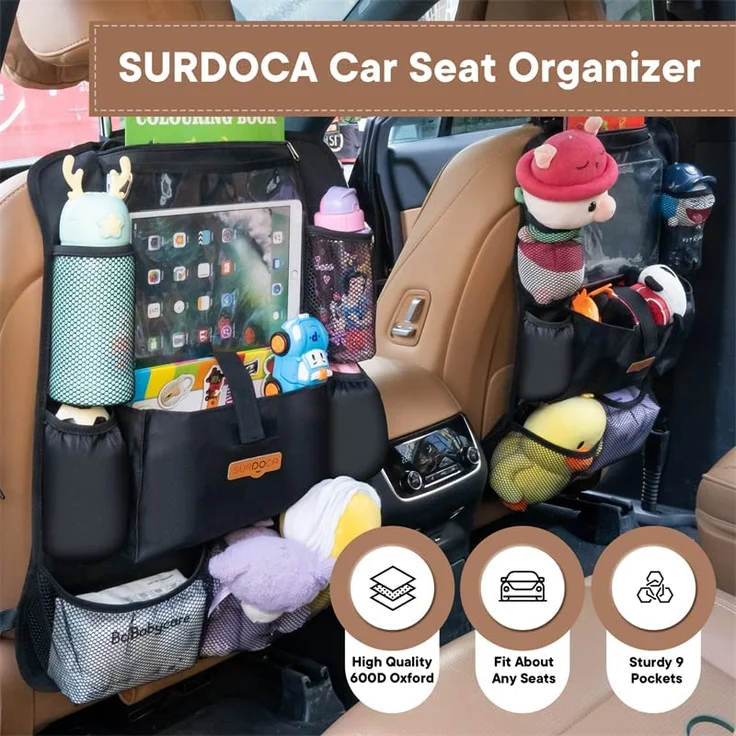 SURDOCA Autositz-Organizer – 4th Generation verbesserter Auto-Organizer Rücksitz für bis zu 10,5 iPad, 9 Taschen, Kinderspielzeug-Aufbewahrung, wasserdichter Rücksitzschutz für Kinder,schwarz,2 Stück – Bild 2