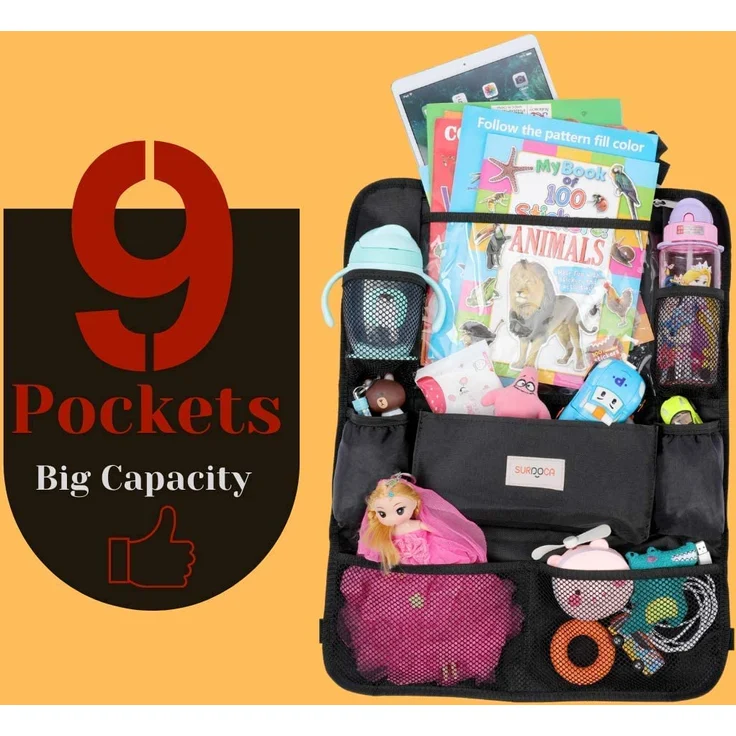SURDOCA Autositz-Organizer – 4th Generation verbesserter Auto-Organizer Rücksitz für bis zu 10,5 iPad, 9 Taschen, Kinderspielzeug-Aufbewahrung, wasserdichter Rücksitzschutz für Kinder,schwarz,2 Stück – Bild 3
