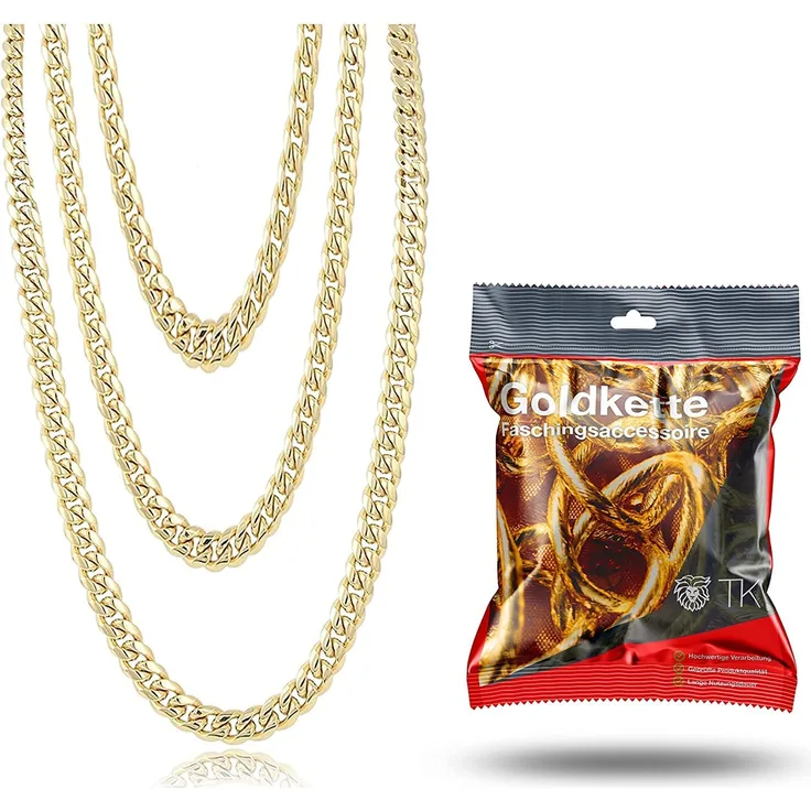 TK Gruppe Timo Klingler 3X Goldkette Panzerkette Goldkettchen Gold Kette Rapper Gangster Fokuhila Accessoires 80er 90er Jahre Fasching Karneval Accessoire Damen und Herren (3X)