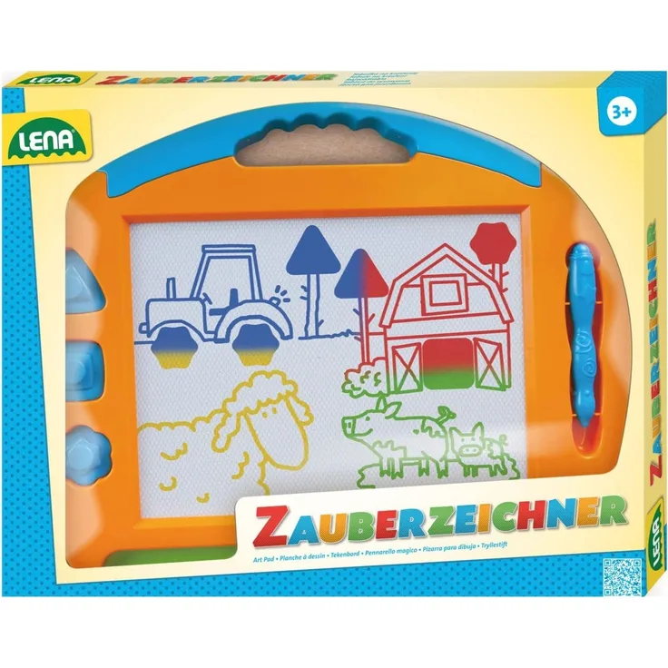 Lena 65714 - Große Color Magnet Zeichentafel, Magnettafel ca. 41 cm, Zaubertafel mit Griff, befestigten Stift und 3 Stempel, Zaubermaltafel für Kinder ab 3 Jahre, Maltafel mit 4 Farbfeldern