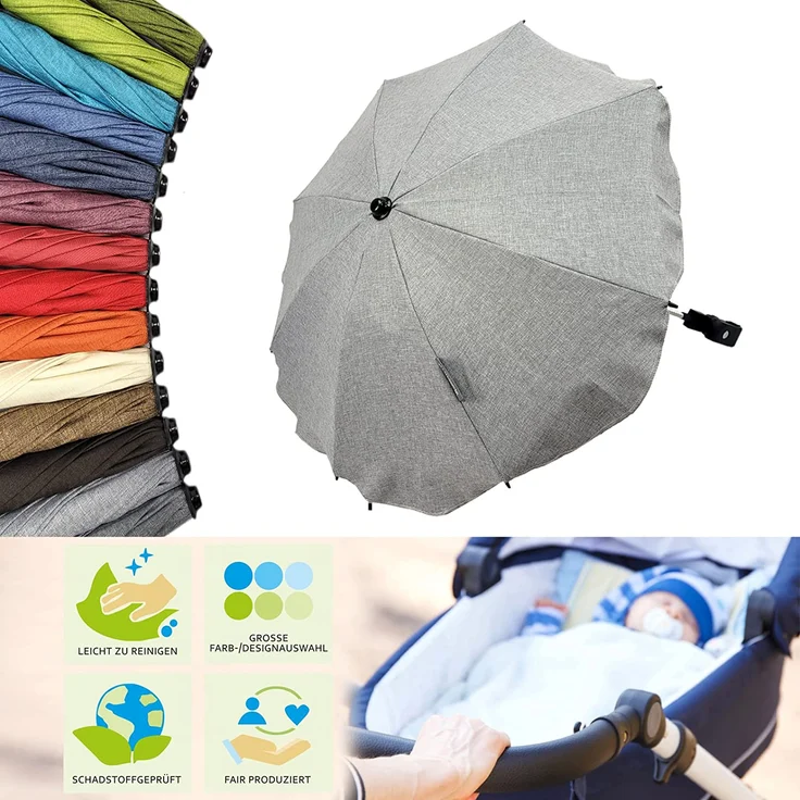 BAMBINIWELT Sonnenschirm Sonnenschutz für Kinderwagen Buggy Jogger universal UV50+ (meliert hellgrau) – Bild 2