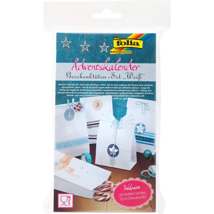 folia 9401 Adventskalender-Set mit 24 lebensmittelechten Papiertüten in weiß, Kordel und Zahlensticker