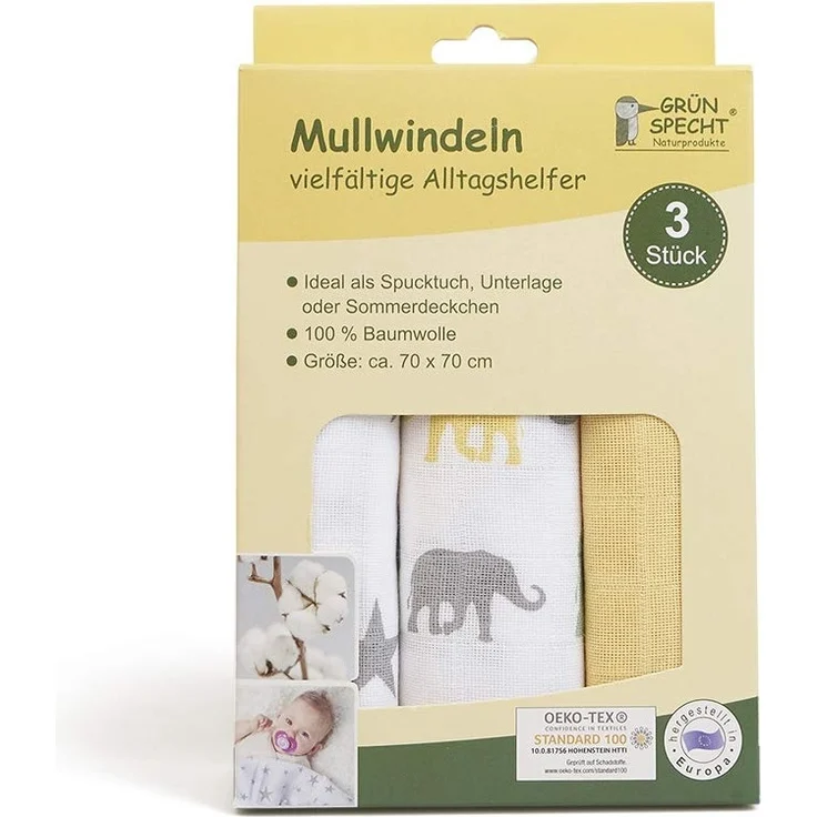 Grünspecht Mullwindeln 70x70cm aus 100 % Baumwolle, Spucktücher, ohne optische Aufheller, hautfreundlich & saugstark, 3 Stück, gelb, Sterne, Elefanten (1500-V6) – Bild 2