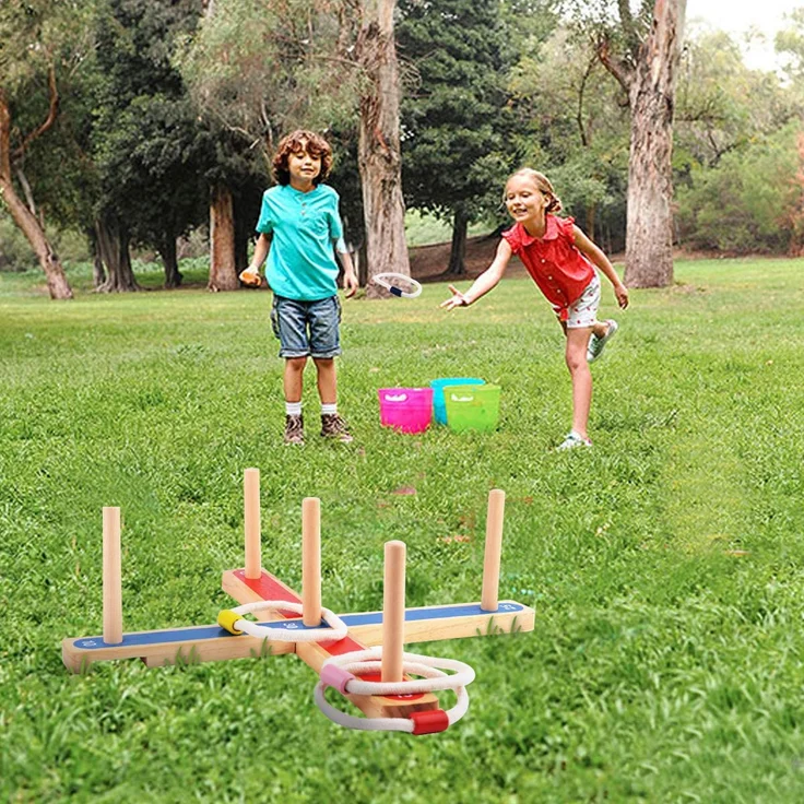 Wurfspiel Ringwurfspiel, UlifeME Garten Spiele für Kinder und Erwachsene, 5 Pcs Hölzerne Seilringe + 8 Pcs Bunt Ringe Werfen, 2 Formen für Indoor und Outdoor Spielspaß, Kinderspiele Draußen mit Tasche – Bild 5