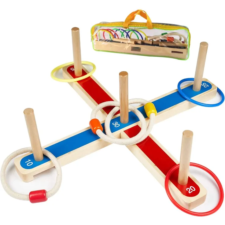 Wurfspiel Ringwurfspiel, UlifeME Garten Spiele für Kinder und Erwachsene, 5 Pcs Hölzerne Seilringe + 8 Pcs Bunt Ringe Werfen, 2 Formen für Indoor und Outdoor Spielspaß, Kinderspiele Draußen mit Tasche