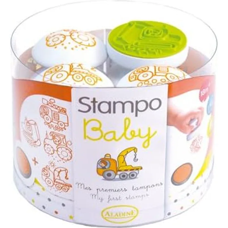 Aladine 55213 Stampo Baby Baumaschinen Spielset, 4 Stempel und 1 Stempelkissen, orange