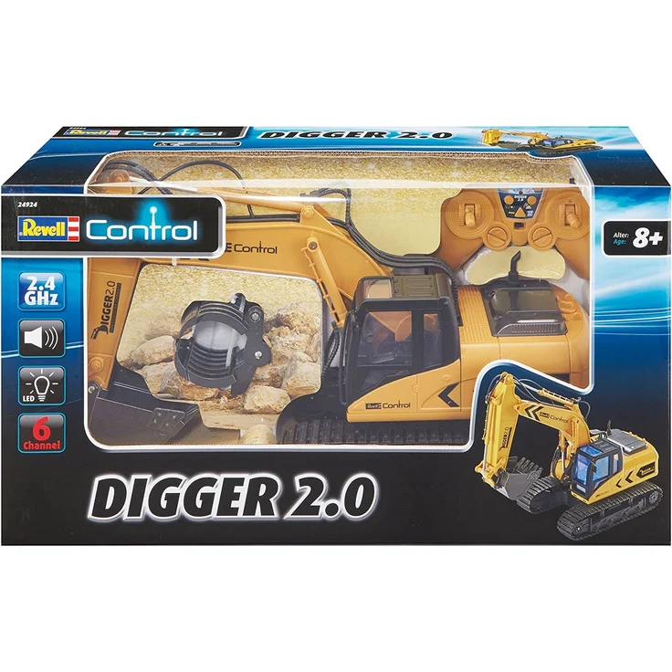 Revell 24924 RC Bagger mit 6-CH 2.4 GHz Fernsteuerung, Outdoor-tauglich, Schaufel und Baumgreifer aus Metall, griffiger Kettenantrieb, Originalgetreu, einzeln steuerbare Teile-Digger 2.0, bunt – Bild 2