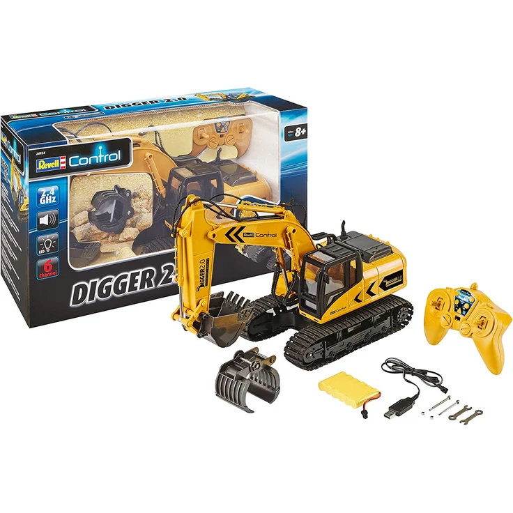 Revell 24924 RC Bagger mit 6-CH 2.4 GHz Fernsteuerung, Outdoor-tauglich, Schaufel und Baumgreifer aus Metall, griffiger Kettenantrieb, Originalgetreu, einzeln steuerbare Teile-Digger 2.0, bunt – Bild 1