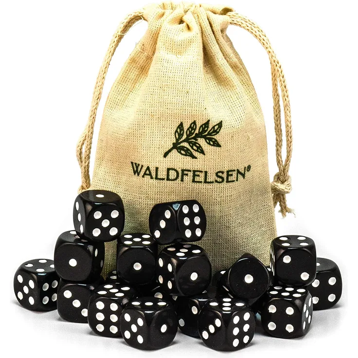 6,12, 20, 30 oder 50 hochqualitative Würfel von Waldfelsen® Standardgröße 16 mm Acrylwürfel Knobel Spielwürfel Dice 6-seitig sechsseitig Spielzubehör Set mit Stoffbeutel (Schwarz, 20 Stück)
