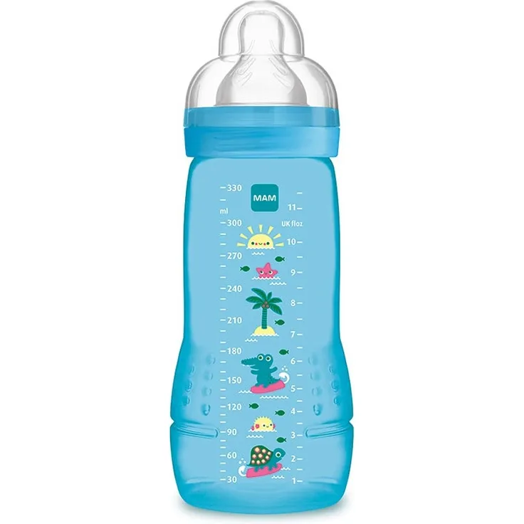 MAM Easy Active Babyflasche, groß, ergonomisch, einfach zu greifen, Sauger Nr. 3 aus Silikon und auslaufsicherem Deckel, 4 + Monate, Blau, 330 ml