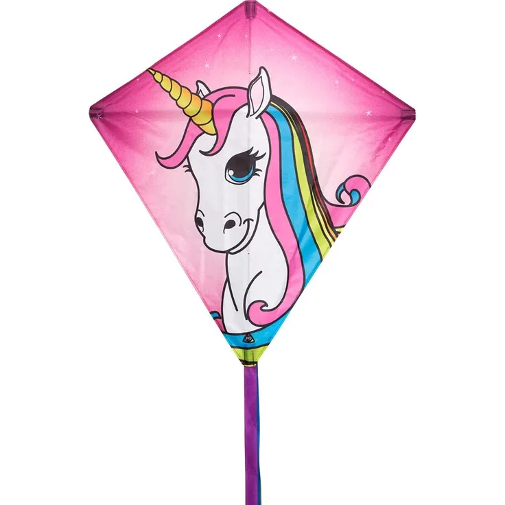 HQ 100071 - Eddy Unicorn Kinderdrachen Einleiner, ab 5 Jahren, 68x68cm und 200cm Drachenschwanz, inkl. 17kp Polyesterschnur 40m auf Spule, 2-5 Beaufort