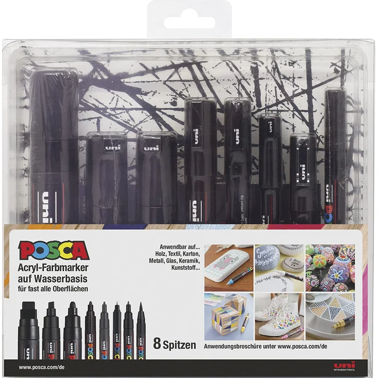 uni-ball 186804 - POSCA Marker Spitzenset, schwarz, 8er Set mit allen Spitzenvarianten