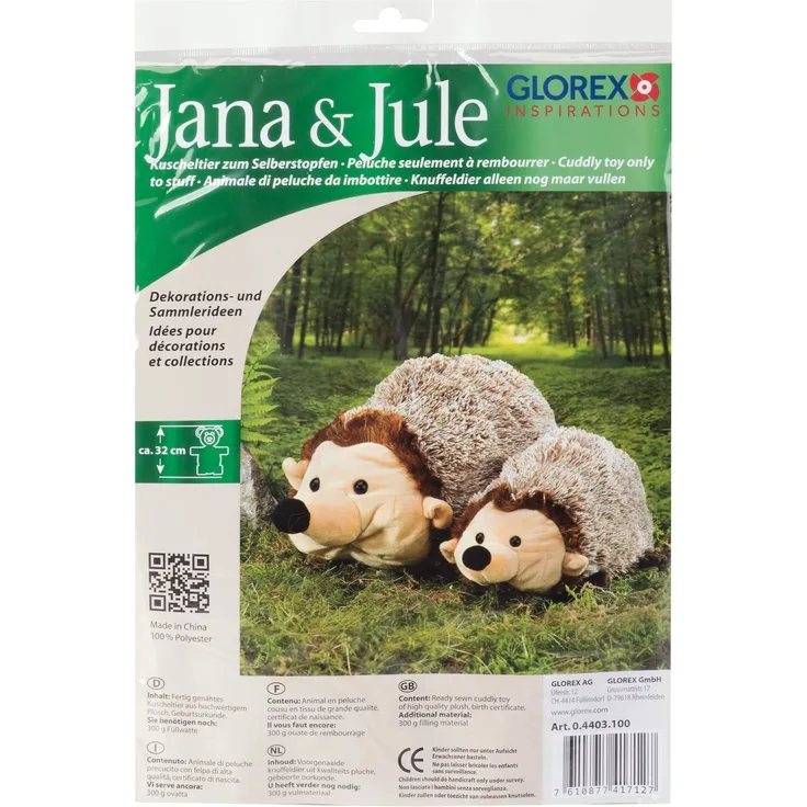 GLOREX 0 4403 100 - Kuscheltier zum Selberstopfen Igel Jana und Jule, ca. 32 cm groß, aus hochwertigem Plüsch genäht, müssen nur noch befüllt werden, mit Geburtsurkunde