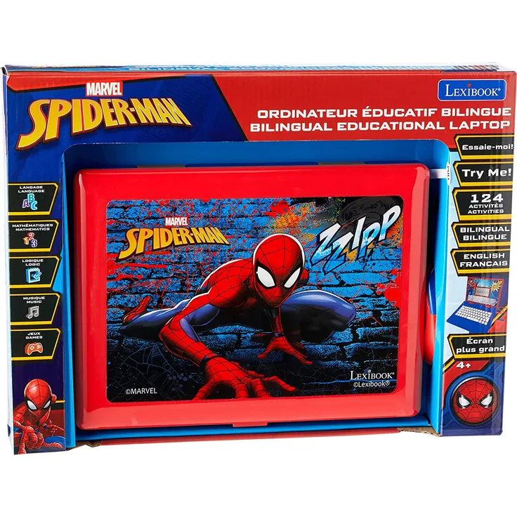 Lexibook JC598SPi1 Disney Marvel Spider-Man Peter Parker zweisprachiger Laptop, Lernen 124 Aktivitäten zum Entdecken von Mathematik, Musik, Wissen, Logik, Spielen, nur Französisch/Englisch, Blau/Rot