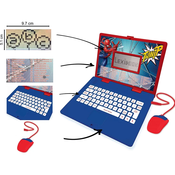 Lexibook JC598SPi1 Disney Marvel Spider-Man Peter Parker zweisprachiger Laptop, Lernen 124 Aktivitäten zum Entdecken von Mathematik, Musik, Wissen, Logik, Spielen, nur Französisch/Englisch, Blau/Rot – Bild 3