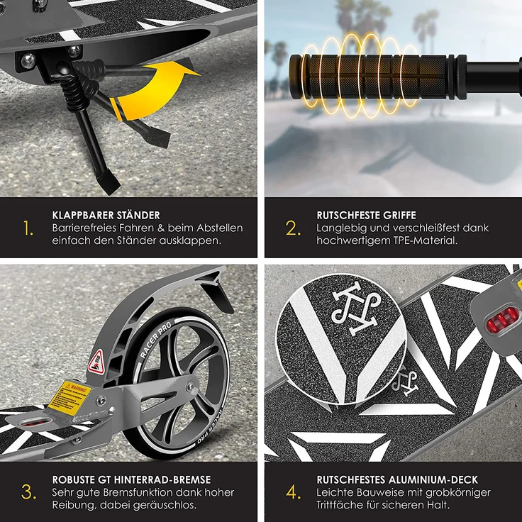 KESSER® Cityroller Scooter 205mm Räder PU Big Wheel - Pro-S Tretroller mit Doppel Federung, City-Roller Scooter klappbar und Höhenverstellbar, Roller Kickscooter für Erwachsene und Kinder Grau – Bild 3