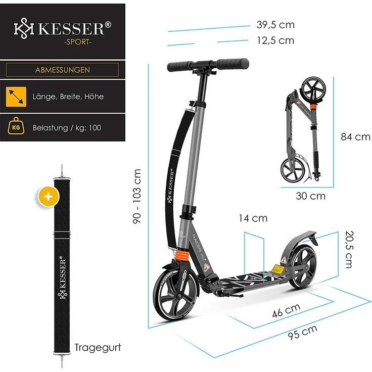 KESSER® Cityroller Scooter 205mm Räder PU Big Wheel - Pro-S Tretroller mit Doppel Federung, City-Roller Scooter klappbar und Höhenverstellbar, Roller Kickscooter für Erwachsene und Kinder Grau – Bild 7