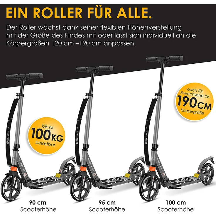 KESSER® Cityroller Scooter 205mm Räder PU Big Wheel - Pro-S Tretroller mit Doppel Federung, City-Roller Scooter klappbar und Höhenverstellbar, Roller Kickscooter für Erwachsene und Kinder Grau – Bild 5