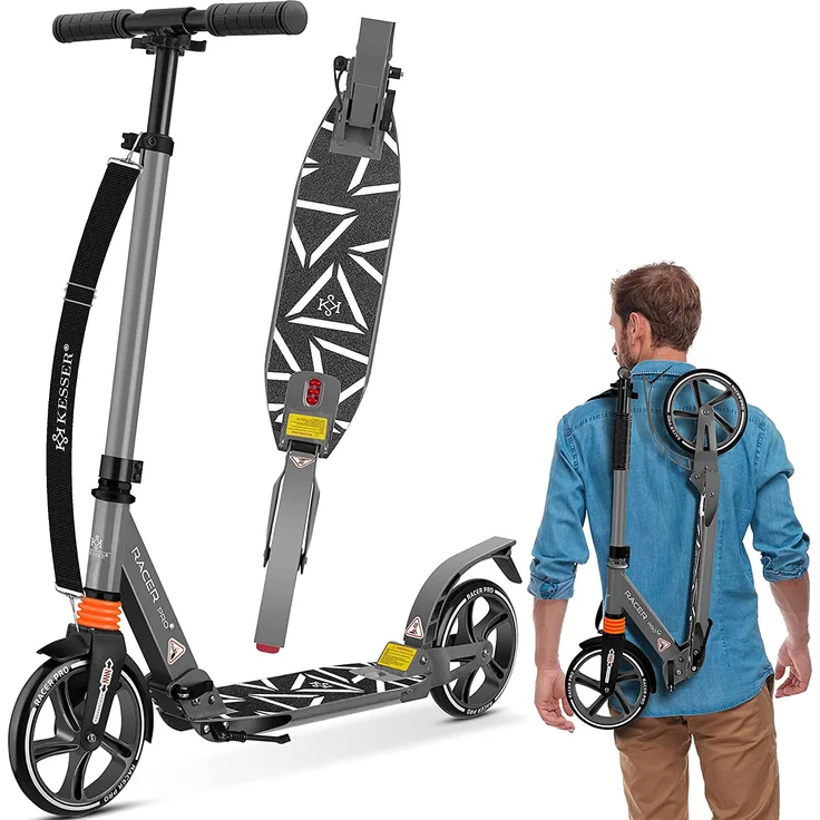 KESSER® Cityroller Scooter 205mm Räder PU Big Wheel - Pro-S Tretroller mit Doppel Federung, City-Roller Scooter klappbar und Höhenverstellbar, Roller Kickscooter für Erwachsene und Kinder Grau